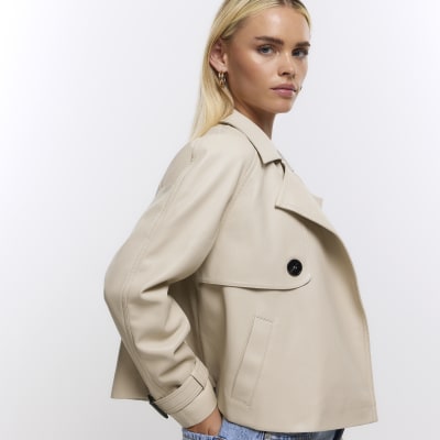 Petite cream faux leather crop trench coat River Island