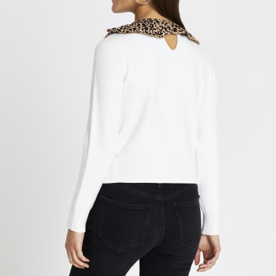 Petite cream leopard print collar jumper
