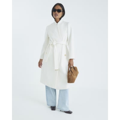 Petite Cream Notch Collar Belted Wrap Coat