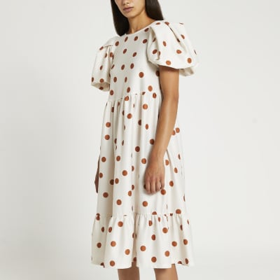 cream polka dot shirred bust midi dress