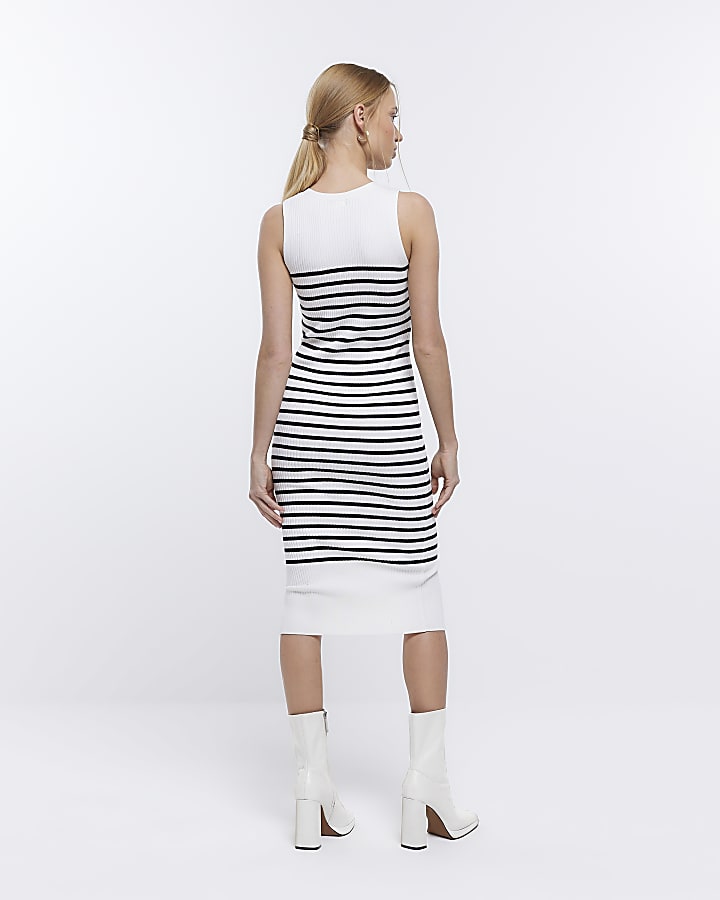 Petite cream striped bodycon midi dress