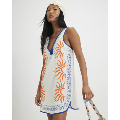 Petite Cream Sun Embroidered Mini Dress | River Island