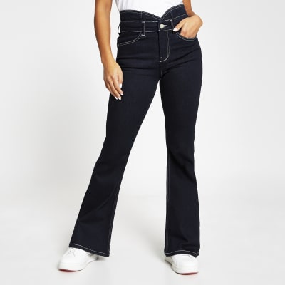 Petite dark blue high rise bootcut jeans | River Island