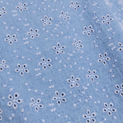 Petite denim layered broderie playsuit