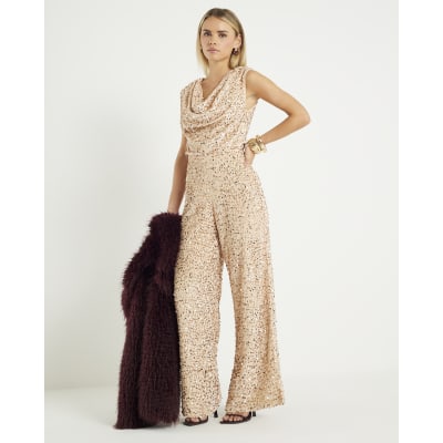 Petite Gold Sequin Cowl Neck Jumpsuit