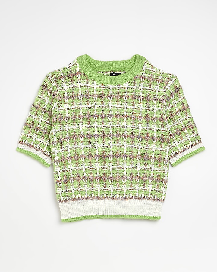 Petite green check knit short sleeve top