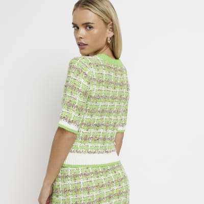 Petite green check knit short sleeve top