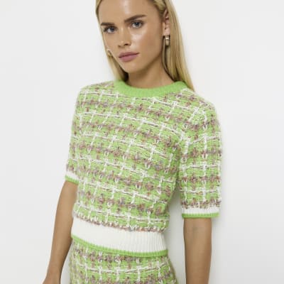 Petite green check knit short sleeve top