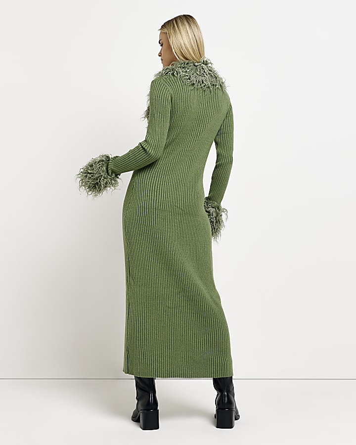 Petite green faux fur bodycon midi dress
