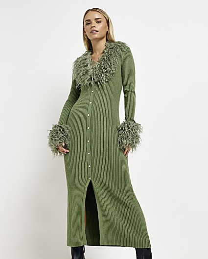 Petite green faux fur bodycon midi dress