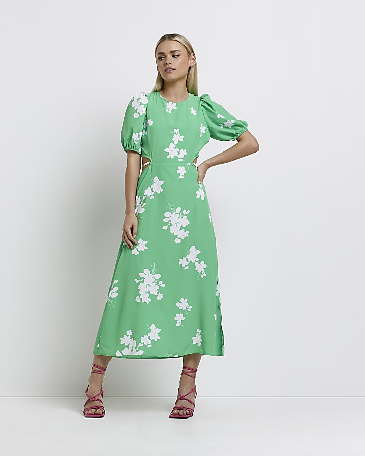 Petite green floral cut out shift midi dress