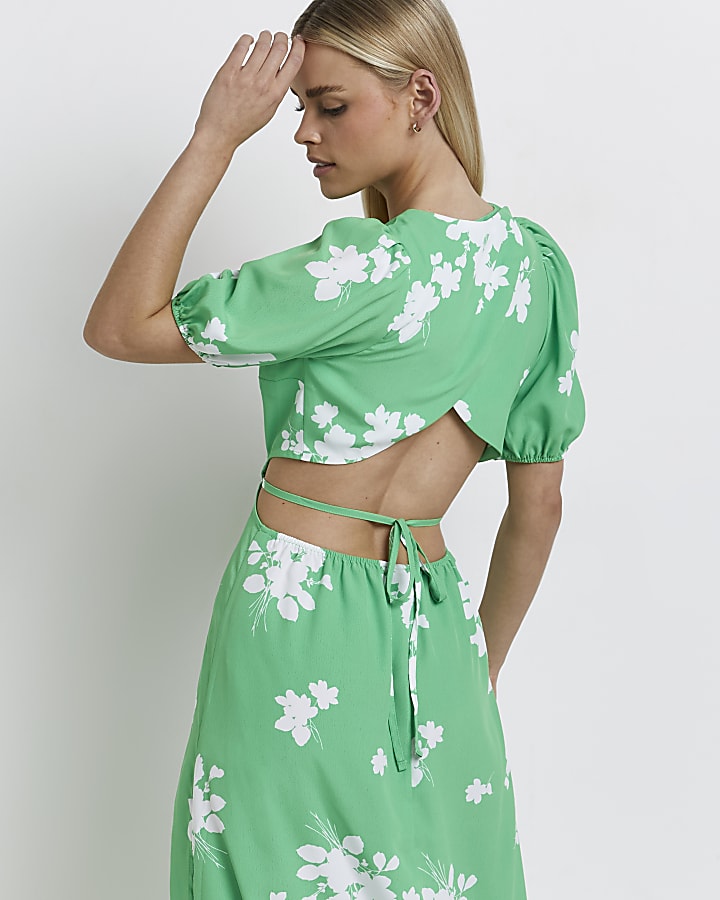 Petite green floral cut out shift midi dress