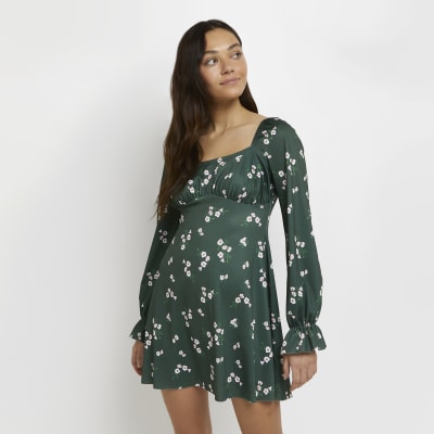 Petite green floral mini dress | River Island