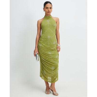green palm tree eyelet halter neck midi dress Embellished Halter maxi