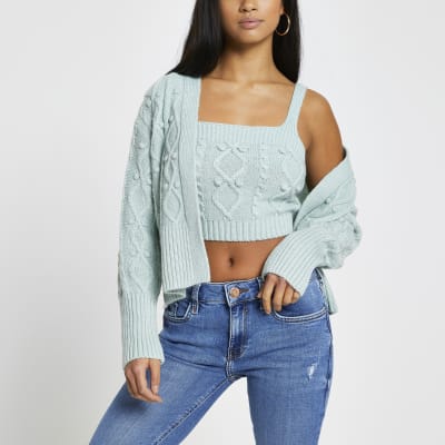 Petite green knitted cardigan and bralet set River Island