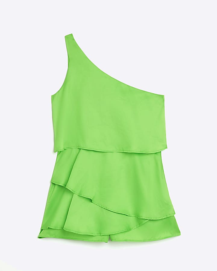 Petite green one shoulder tiered playsuit
