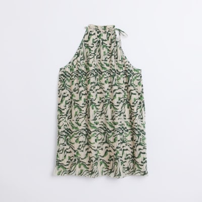 Petite green pleated halter neck mini dress