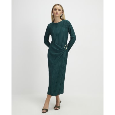 Petite Green Plisse Buckle Detail Midi Dress