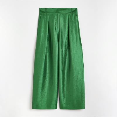 Petite green satin wide leg trousers