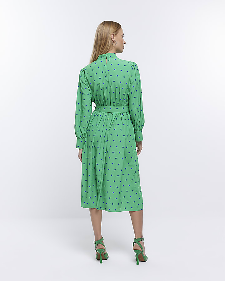 Petite green spot long sleeve midi dress