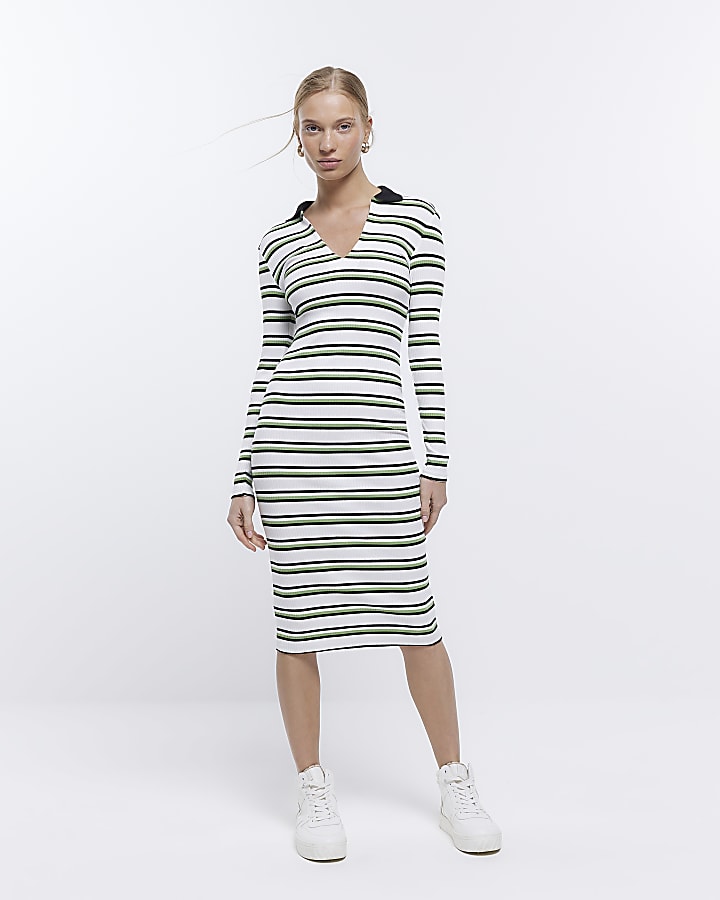Petite green stripe bodycon midi dress