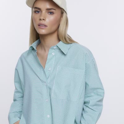 Petite green stripe oversized shirt