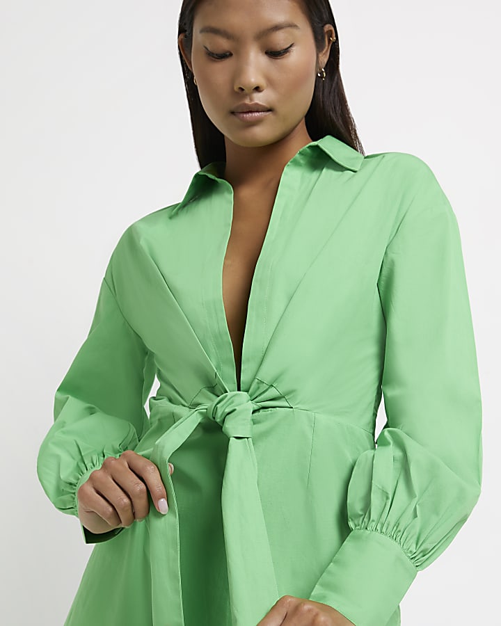 Petite green tie front shirt mini dress
