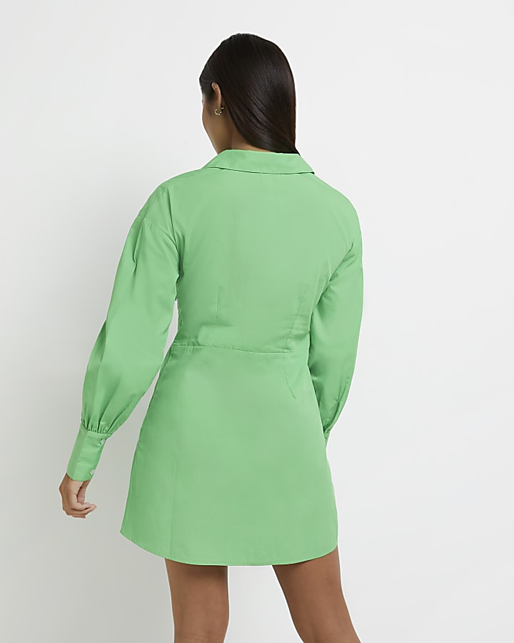 Petite green tie front shirt mini dress