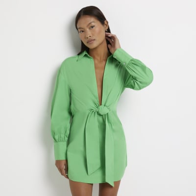 Petite green tie front shirt mini dress | River Island