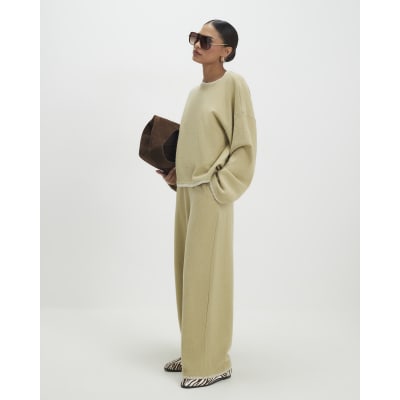 Petite Green Whipstitch Cosy Wide Leg Trouser