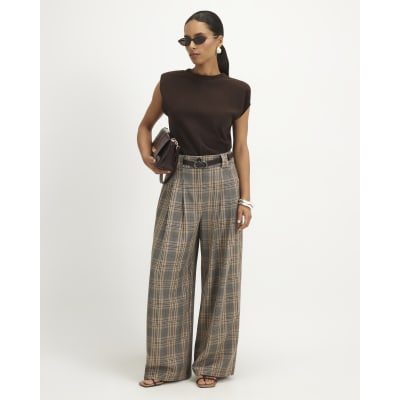 Petite Belted Check Wide Leg Trousers