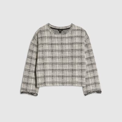 Petite Grey Boucle Check Print Top