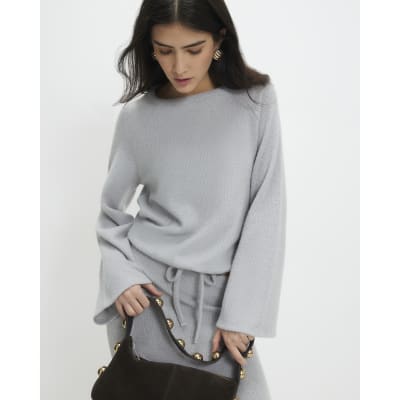 Petite Grey Bubble Hem Ribbed Top
