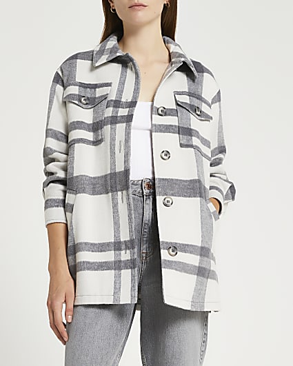 Petite grey check belted shacket