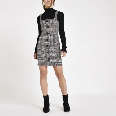 Grey check button up pinafore 2025 mini dress