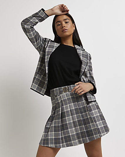 Petite grey check pleated mini skirt