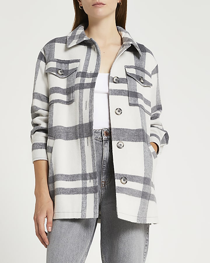 Petite grey checked belted shacket