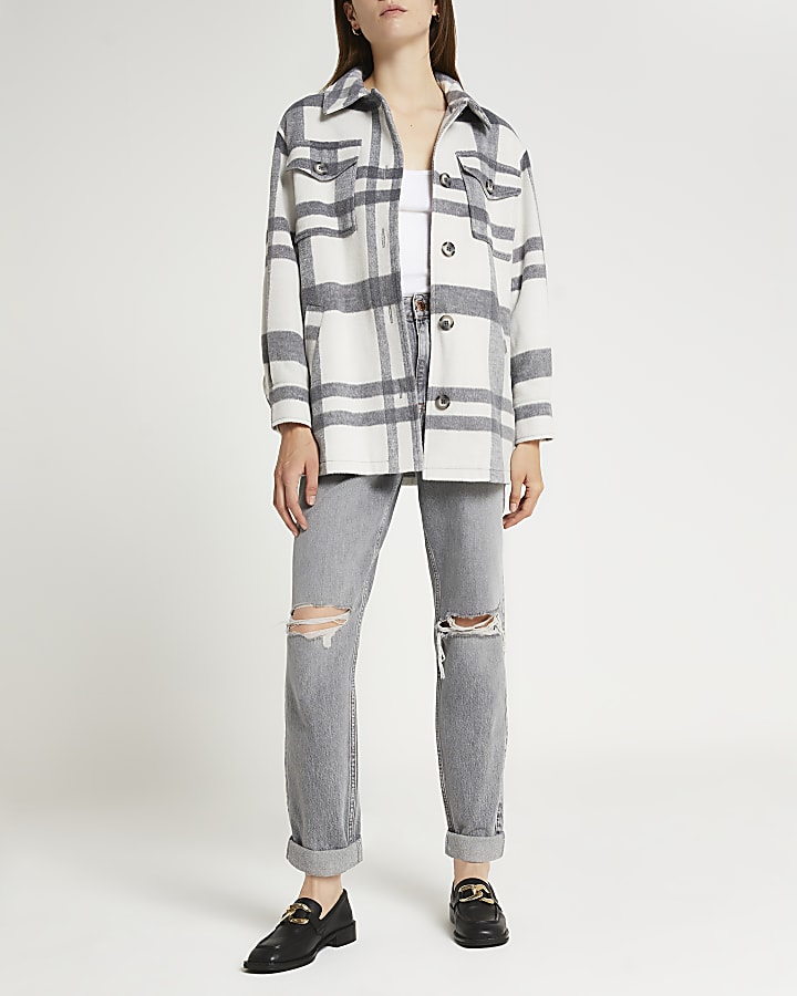 Petite grey checked belted shacket