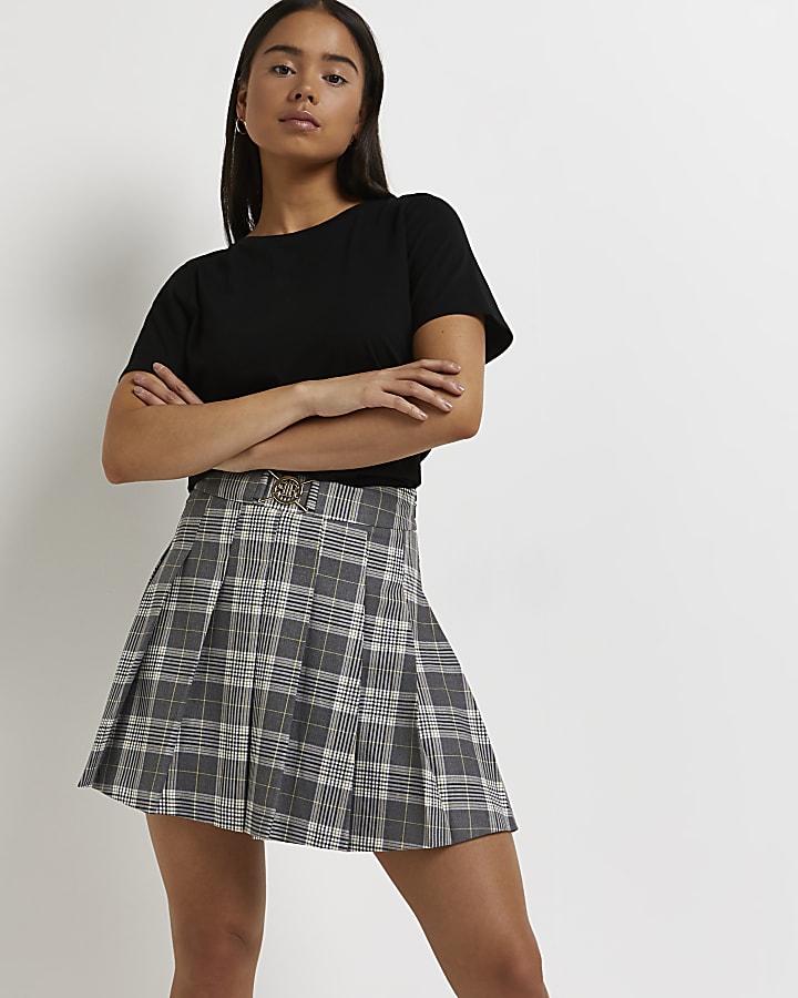 Petite grey checked pleated mini skirt