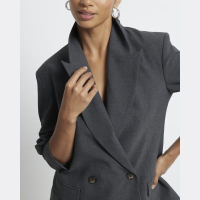 Petite Grey Double Breasted Blazer River Island