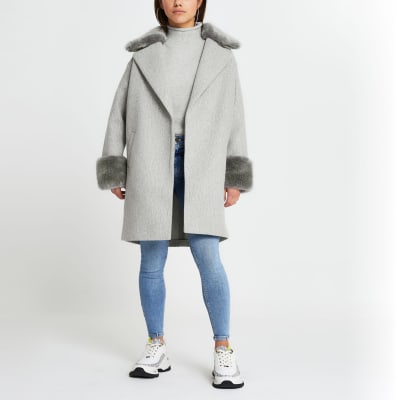 Petite grey faux fur collar hem coat