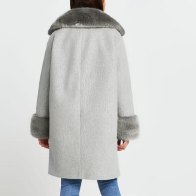 Petite grey faux fur collar hem coat