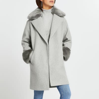 Petite grey faux fur collar hem coat | River Island