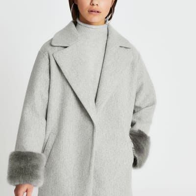 Petite grey faux fur collar hem coat