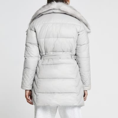 Petite grey faux fur padded coat