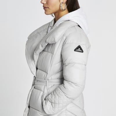 Petite grey faux fur padded coat