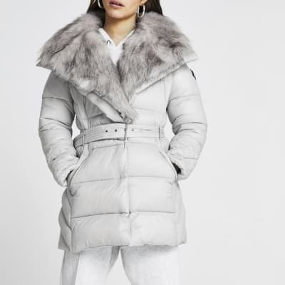 Petite grey faux fur padded coat River Island