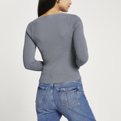 Petite grey fitted bustier long sleeve top