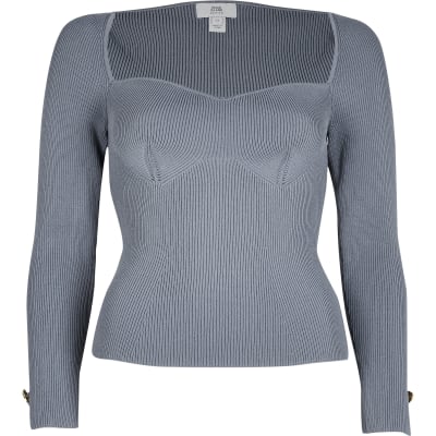 Petite grey fitted bustier long sleeve top