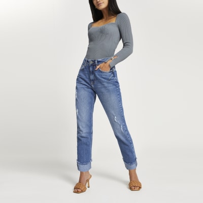 Petite grey fitted bustier long sleeve top